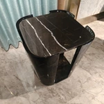 Sculptural Black Marble Sofa Side Table with Curved Dark Wood Panels and Open Architectural Base